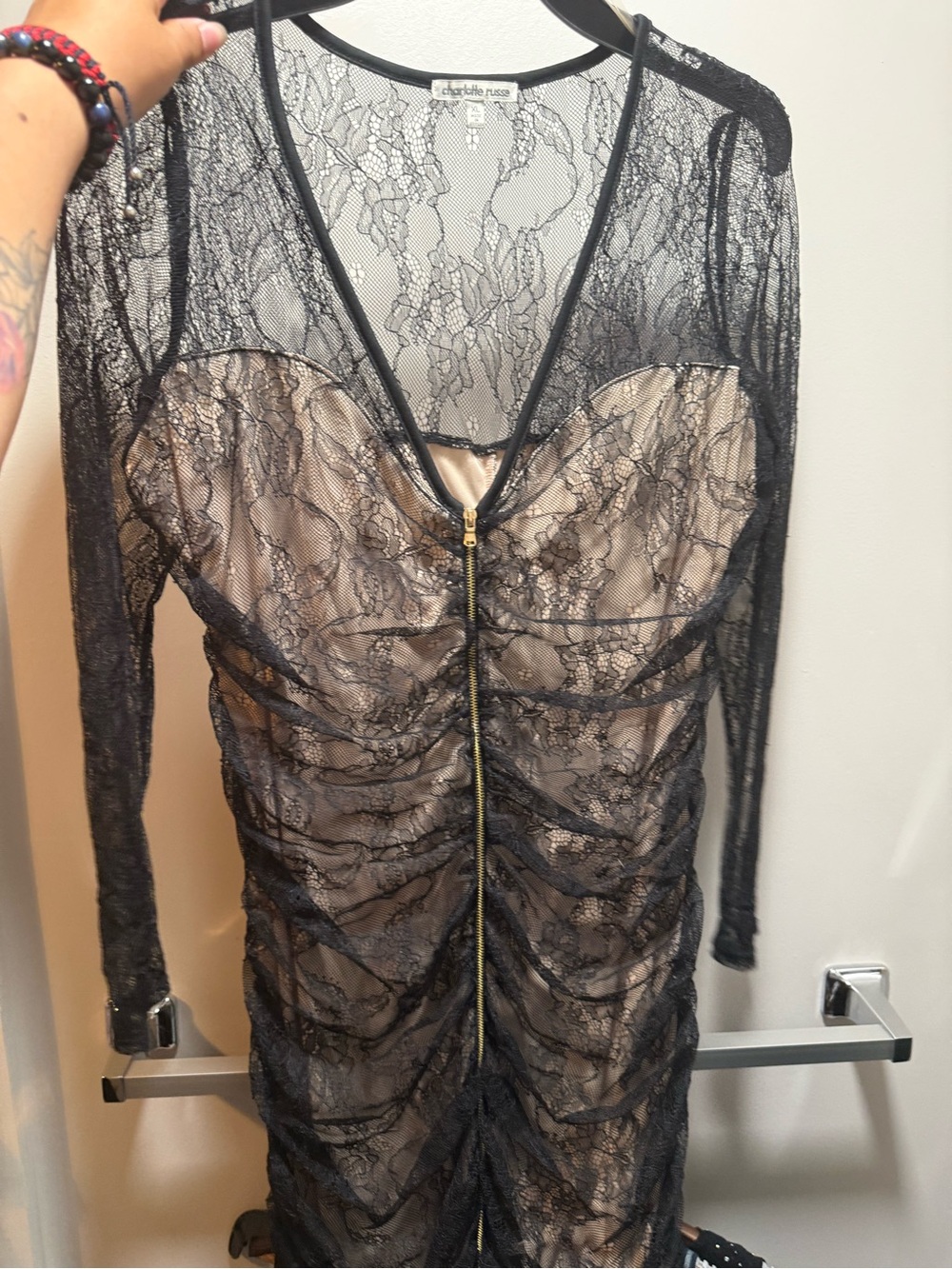 Charlotte Russe Sexy Bodycon Lace Black Tan lined Dress Cocktail Date Femme